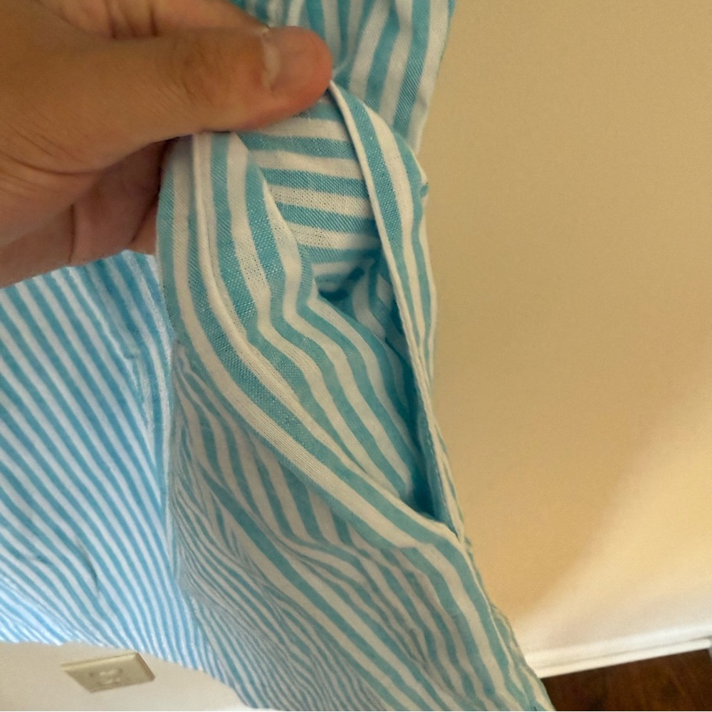 NWT- MSRP $70 Organic Cotton & Linen Paradise Aqua Stripe LARelaxed Shirt Dress - Picture 5 of 10